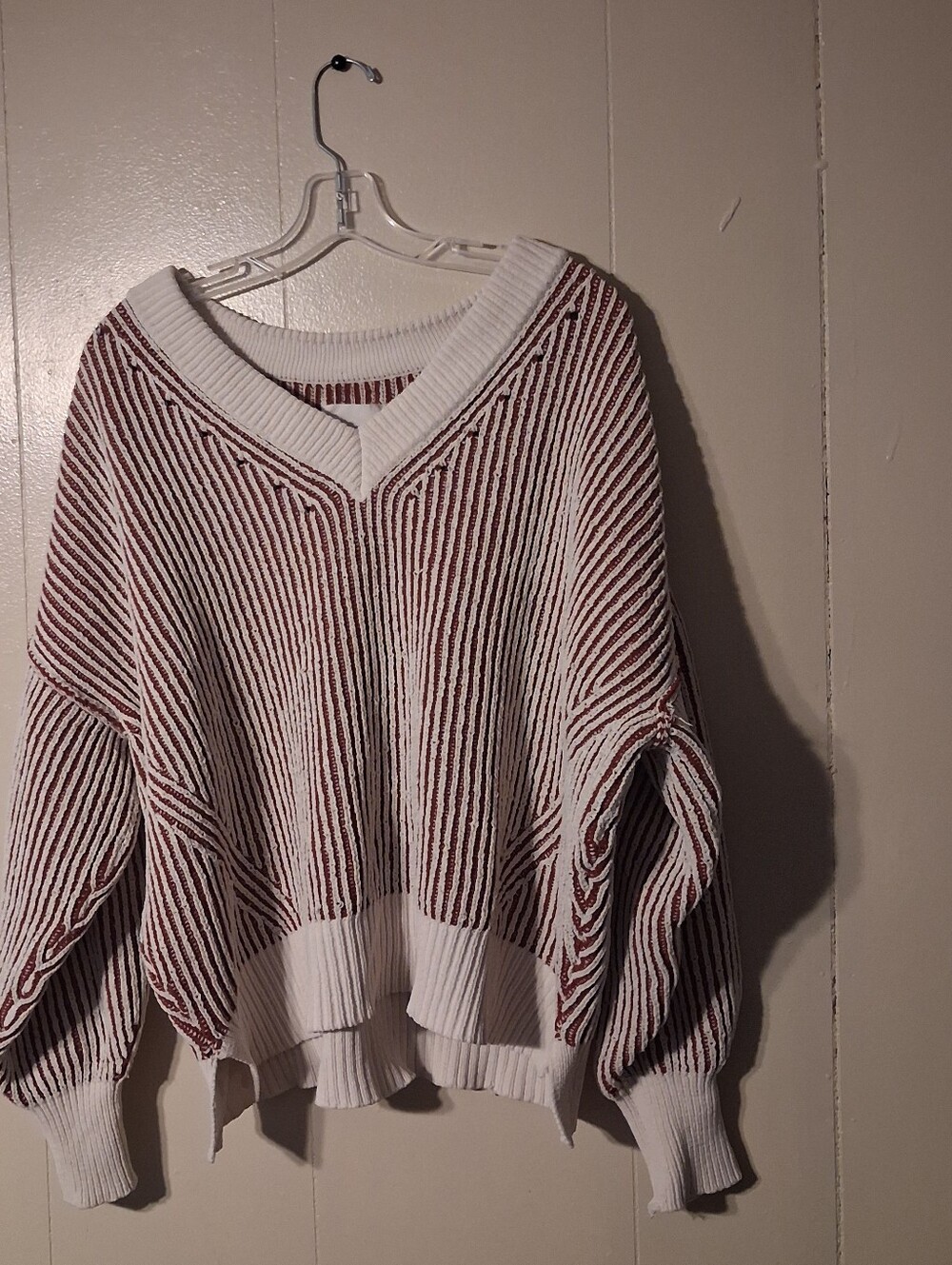 aerie Red and White Striped V-Neck Sweater